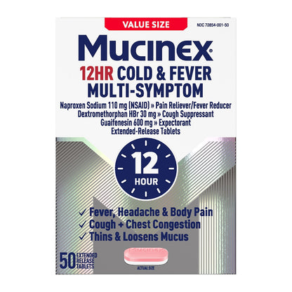Mucinex 12 Hour Cold and Flu Medicine for Adults, 50 Tablets