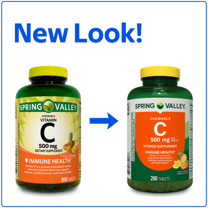 Spring Valley Vitamin C Dietary Supplement, Tropical Fruit, 500 mg, 200 Count, Chewable Tablets for Immune Health