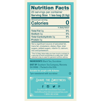 Southern Breeze Cold Brew Sweet Tea Original Iced Tea with Black Tea and Zero Carbs Zero Sugar, 20 Individually Wrapped Tea Bags Southern Sweet Tea Iced Tea Beverage