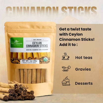 Organic Ceylon cinnamon sticks 3" (1 oz), True Cinnamon, Premium Grade, Harvested & Packed from a USDA Certified Organic