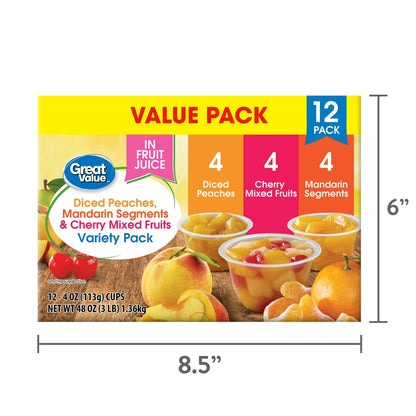 Great Value Diced Peaches, Mandarin Segments, & Cherry Mixed Fruits Variety Pack, 4 oz, 12 Pack
