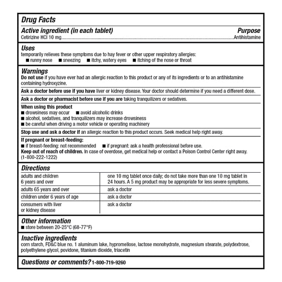 Equate 24 Hour Cetirizine Hydrochloride Allergy Relief Tablets, 10 mg, 180 Count