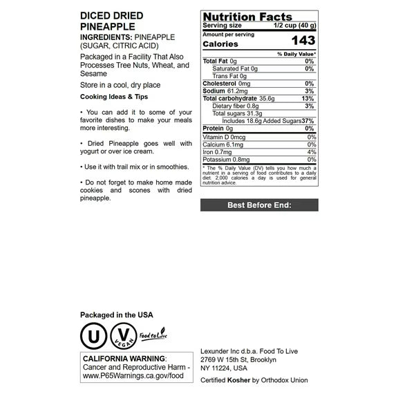 Diced Dried Pineapple, 0.5 Pounds — Kosher, Vegan — by Food to Live
