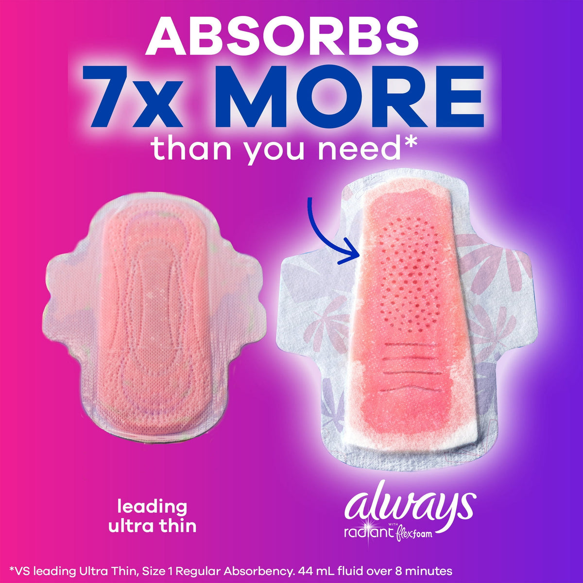 Always Radiant Feminine Pads with Wings, Size 1, Regular Absorbency, Scented, 30 Count
