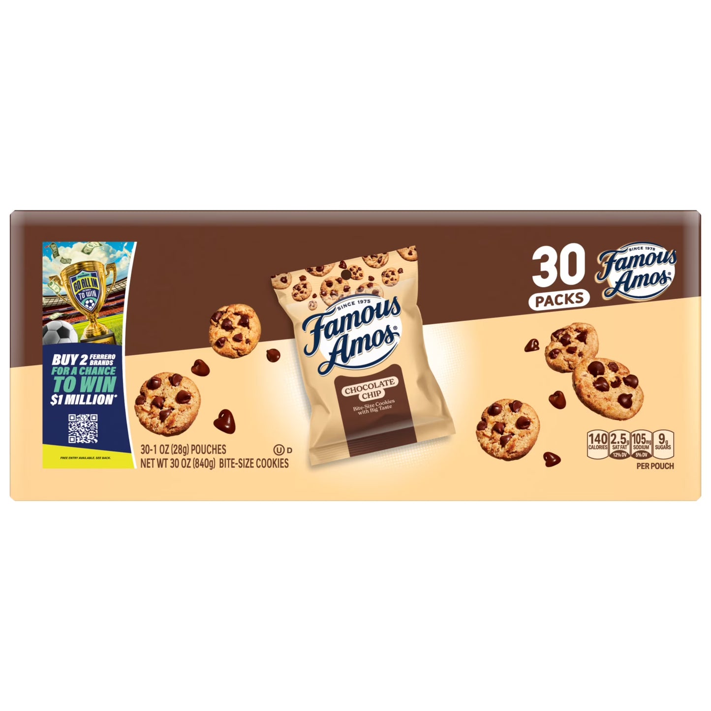 Famous Amos Classic Chocolate Chip Cookies, Bite-size cookies, Sweet Treats, 30 Pack Box, 1 oz Bag