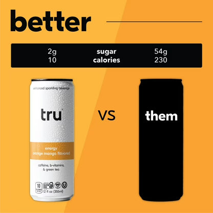 Tru Energy Seltzer, Orange Mango, Green Tea, B Vitamins, Low Calorie, Gluten Free, Vegan, 12 fl oz, 12 Pack