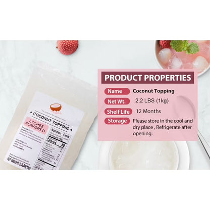 Soeos Lychee Flavored Coconut Jelly Strips, 2.2 lbs (1 Kg) – Sweet & Chewy Tropical Snack, Ready-to-Eat Dessert Topping for Drinks, Bubble Tea, and Ice Cream