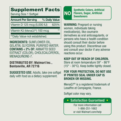(3 pack) Spring Valley D3 125 mcg + K2 (100 mcg) for Bone Health Softgels, 120 Count