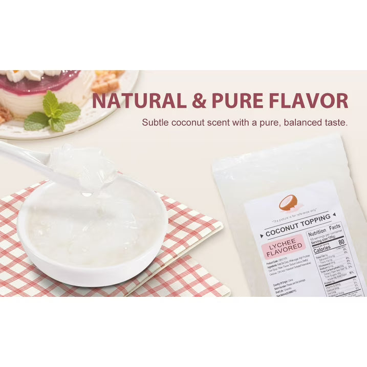 Soeos Lychee Flavored Coconut Jelly Strips, 2.2 lbs (1 Kg) – Sweet & Chewy Tropical Snack, Ready-to-Eat Dessert Topping for Drinks, Bubble Tea, and Ice Cream