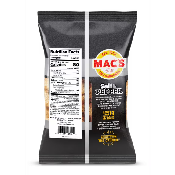Mac's Salt and Pepper Chicharrones Pork Rinds, Pork Skins, 4 oz Bag