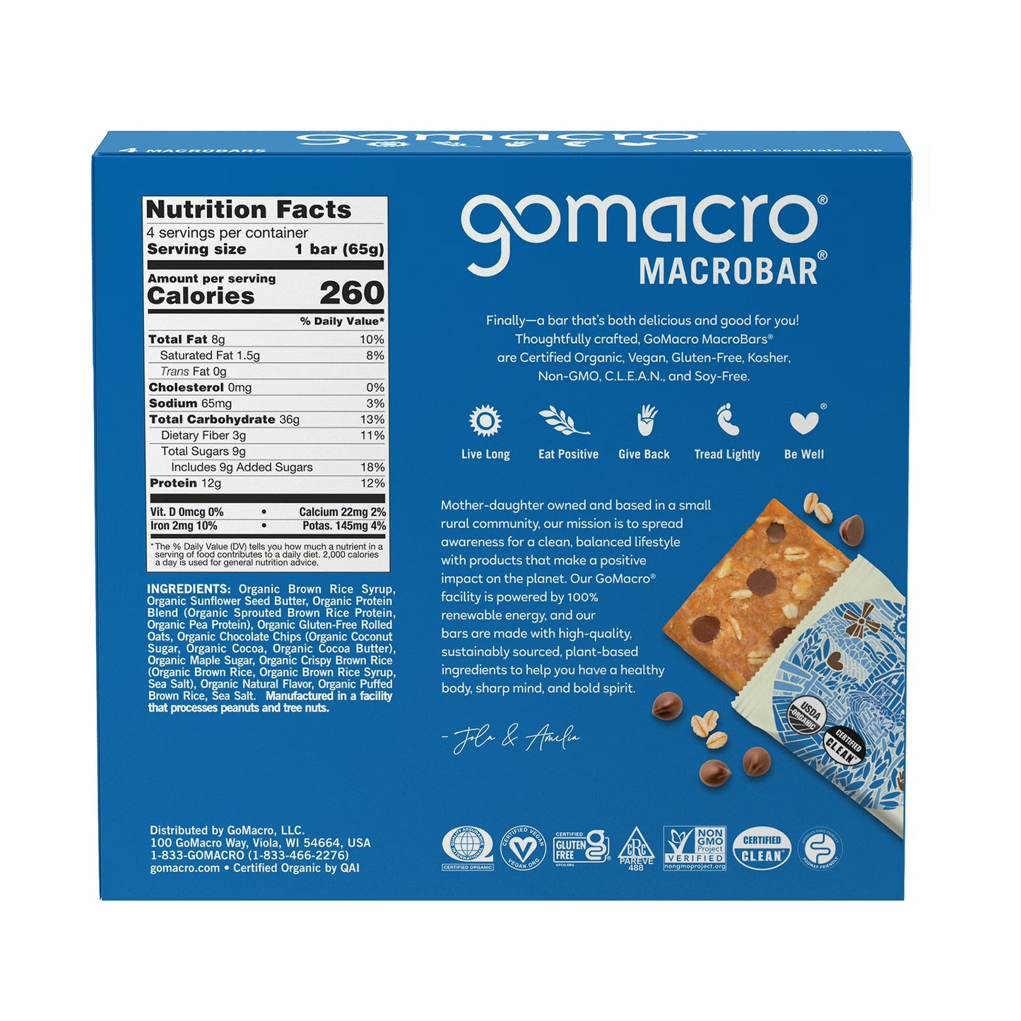 GoMacro MacroBar Organic Vegan Protein Bars - Oatmeal Chocolate Chip MacroBars 12 grams (4 Count)