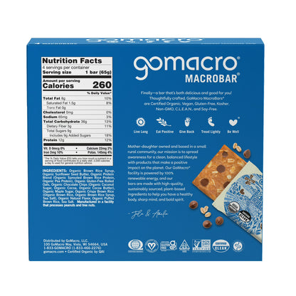 GoMacro MacroBar Organic Vegan Protein Bars - Oatmeal Chocolate Chip MacroBars 12 grams (4 Count)