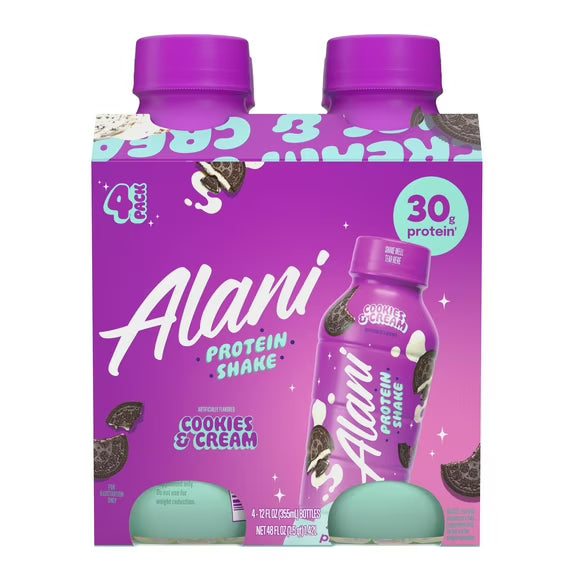 Alani Nu Protein Shake, Cookies & Cream, 12 fl oz, 4 Pack, Bottles, 30g Protein, Gluten Free