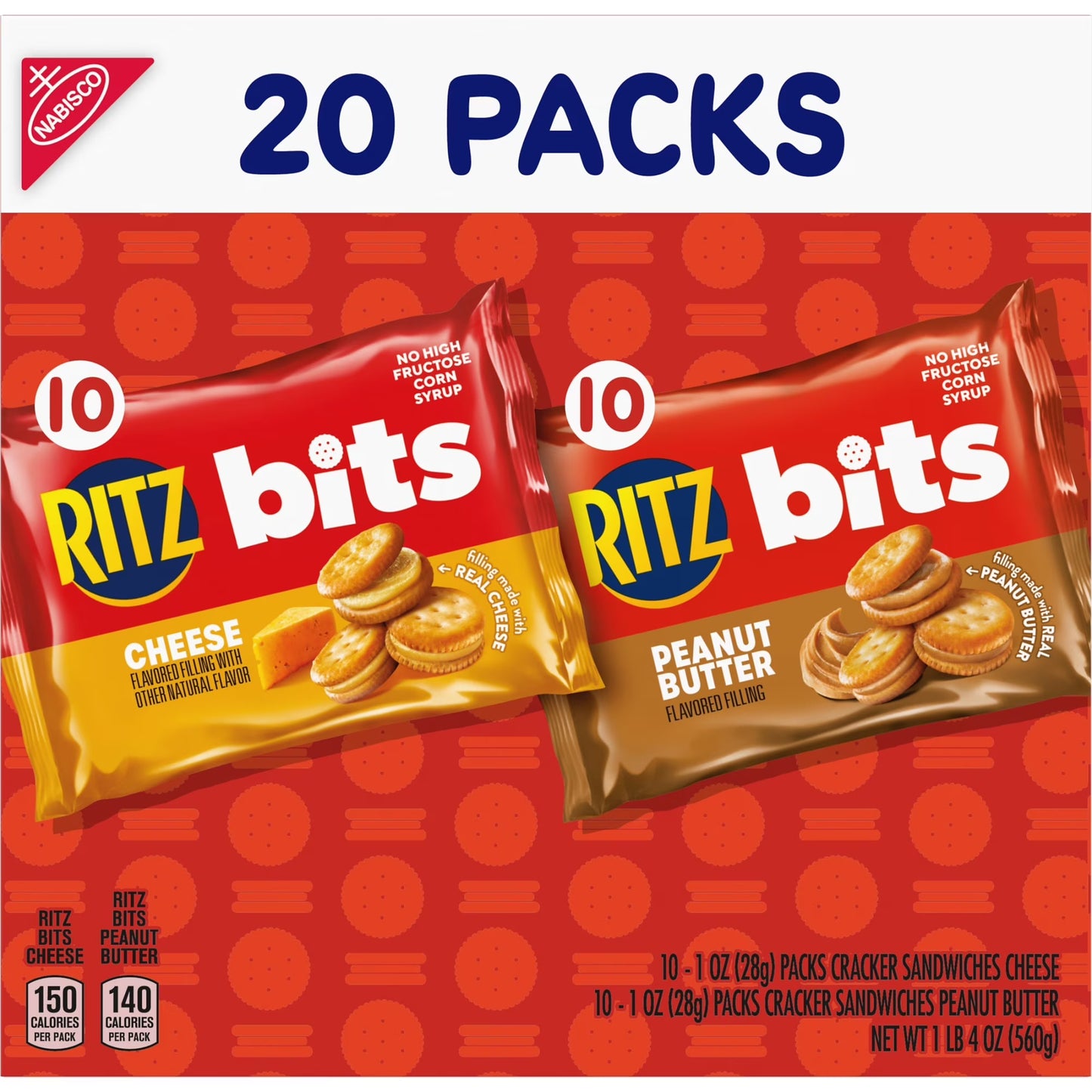 RITZ Bits Cheese and Peanut Butter Sandwich Crackers Variety Pack, Lunch Snacks, 20 Snack Packs