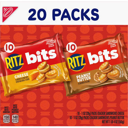 RITZ Bits Cheese and Peanut Butter Sandwich Crackers Variety Pack, Lunch Snacks, 20 Snack Packs