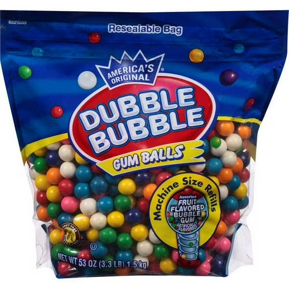 Dubble Bubble, Assorted Fruit Flavored Gum Balls, 53 oz. Peanut Free, Gluten Free. Milk and Soy May Be Present.