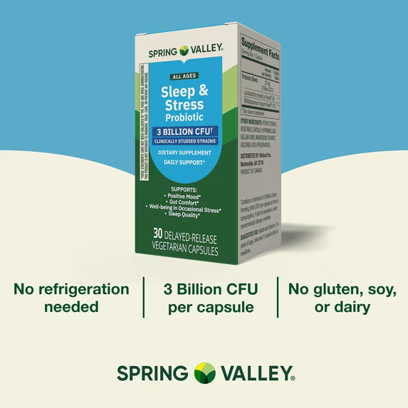 Spring Valley Sleep and Stress Probiotic Dietary Supplement Delayed-Release Vegetarian Capsules, 30 Count