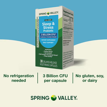 Spring Valley Sleep and Stress Probiotic Dietary Supplement Delayed-Release Vegetarian Capsules, 30 Count