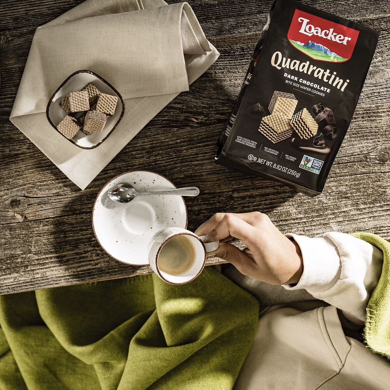 Loacker Quadratini Dark Chocolate, Non-GMO Cream-Filled Bite-Size Wafer Cookies, 8.82 oz, Pack of 6