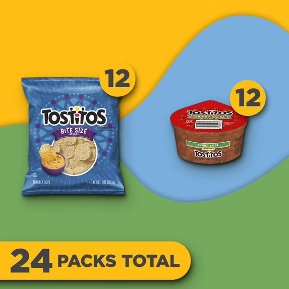 Frito Lay Tostitos Bitesize Rounds Chips and Salsa Dip Cups, Variety pack, (pack of 24)