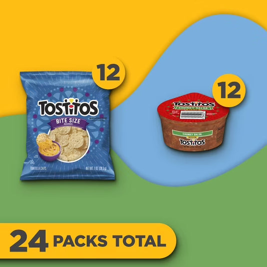 Frito Lay Tostitos Bitesize Rounds Chips and Salsa Dip Cups, Variety pack, (pack of 24)