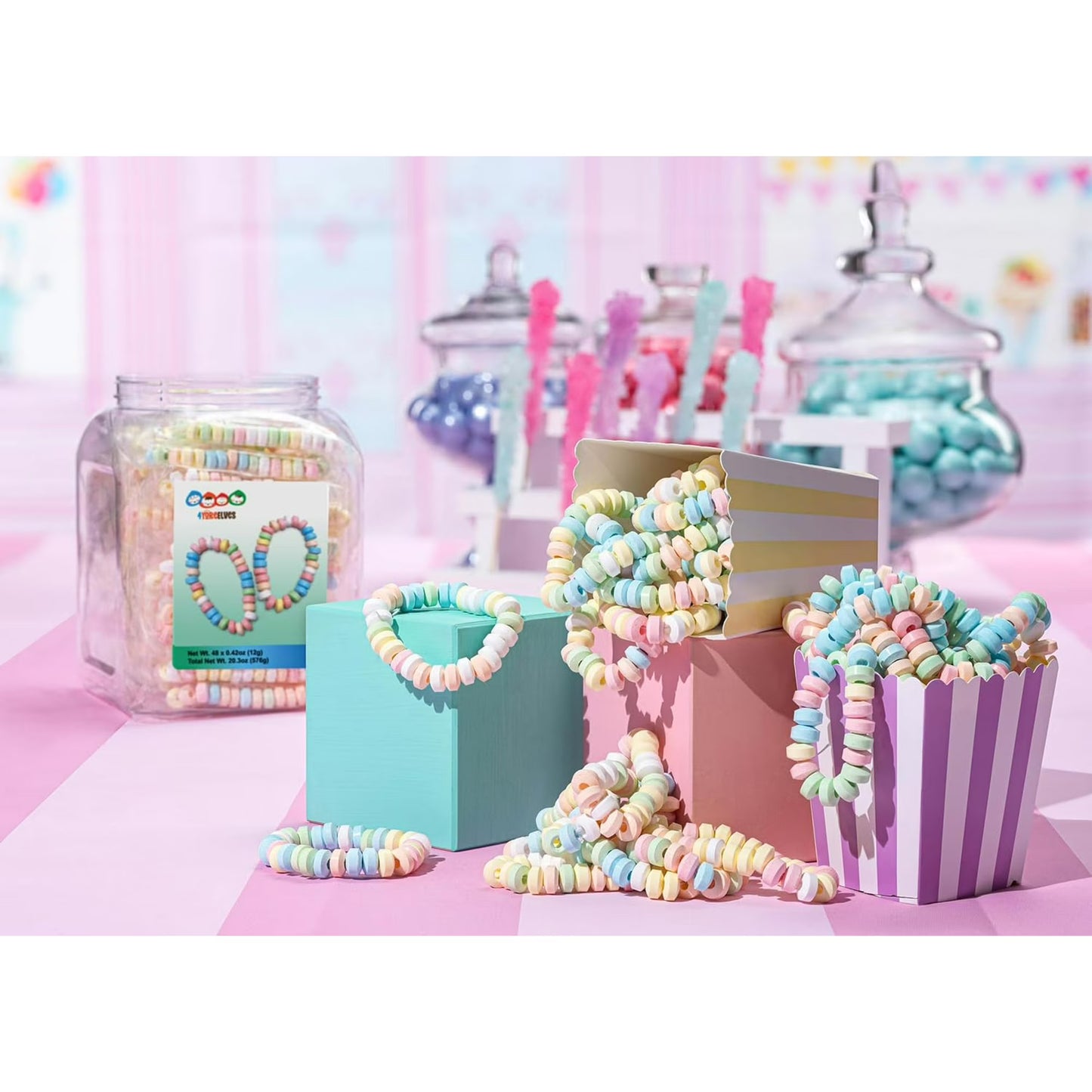 48 Candy Bracelets Individually Wrapped, Bracelet Candy Jewelry, Pastel Candy for Buffet, Goody Bag Stuffers, Barbie Party Favor for Kids, (Pack of 48x0.42oz/11.9g) by 4YoreElves