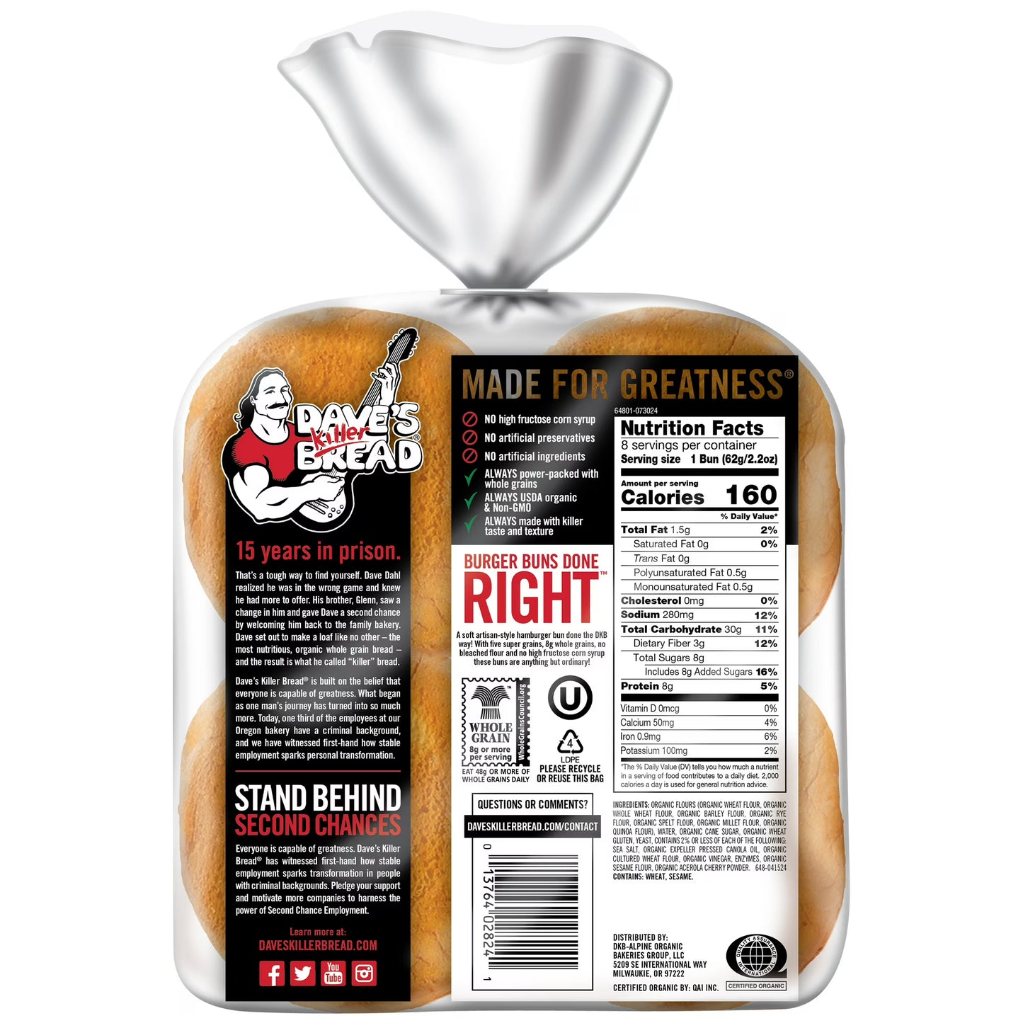 Dave's Killer Bread Burger Buns Done Right, Organic Hamburger Buns, 8 Ct, 17.6 oz, Shelf-Stable