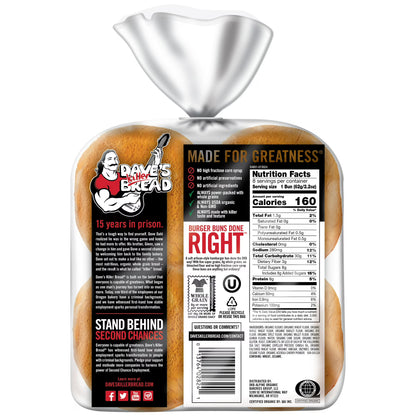 Dave's Killer Bread Burger Buns Done Right, Organic Hamburger Buns, 8 Ct, 17.6 oz, Shelf-Stable