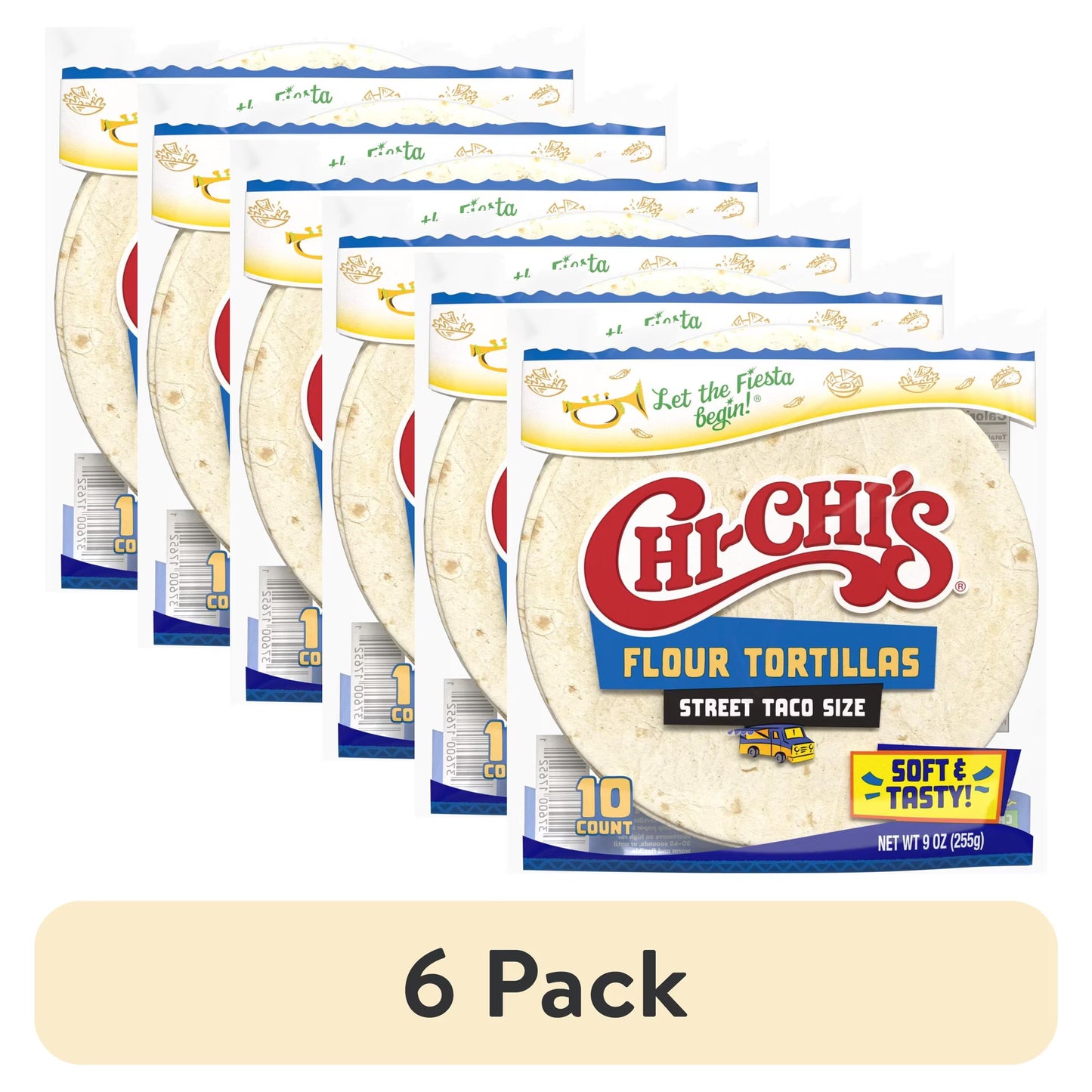 (6 pack) CHI-CHI'S Flour Tortillas Street Taco Size, Shelf Stable, 9oz Resealable Plastic Package, (10 Tortillas)