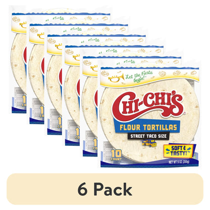(6 pack) CHI-CHI'S Flour Tortillas Street Taco Size, Shelf Stable, 9oz Resealable Plastic Package, (10 Tortillas)