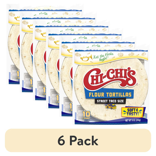 (6 pack) CHI-CHI'S Flour Tortillas Street Taco Size, Shelf Stable, 9oz Resealable Plastic Package, (10 Tortillas)