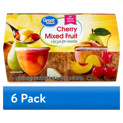 (6 pack) Great Value Cherry Mixed Fruit in 100% Juice, 4 oz, 4 Count