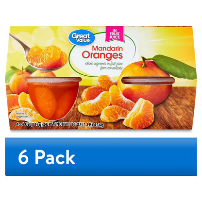(6 pack) Great Value Mandarin Oranges in 100% Juice, 4 oz, 4 Count