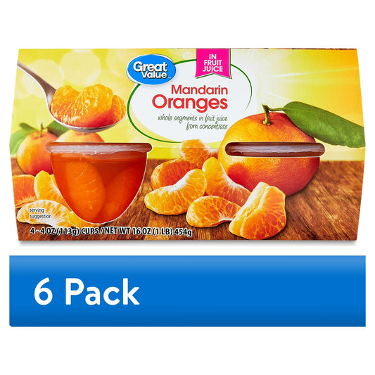 (6 pack) Great Value Mandarin Oranges in 100% Juice, 4 oz, 4 Count
