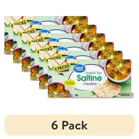 (6 pack) Great Value Unsalted Tops Saltine Crackers, 16 oz