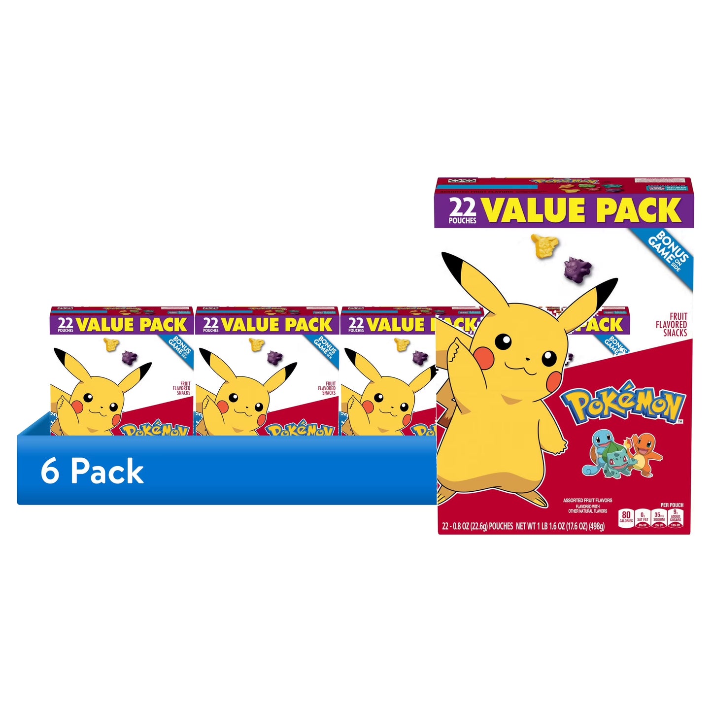 (6 pack) Pokemon Fruit Flavored Snacks, Fat Free and Gluten Free, Value Pack, 17.6 oz, 22 Pouches