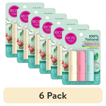 (6 pack) eos 100% Natural & Organic Lip Balm- Strawberry, Mint, Vanilla - 0.14 oz, 3 pack