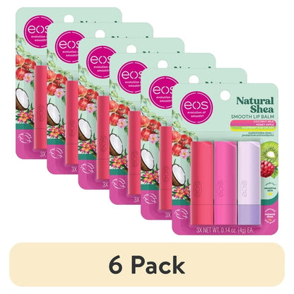 (6 pack) eos Natural Shea Smooth Lip Balm- Honey Apple, Coconut Milk, Raspberry Kiwi Splash, 0.14 oz, 3-Pack