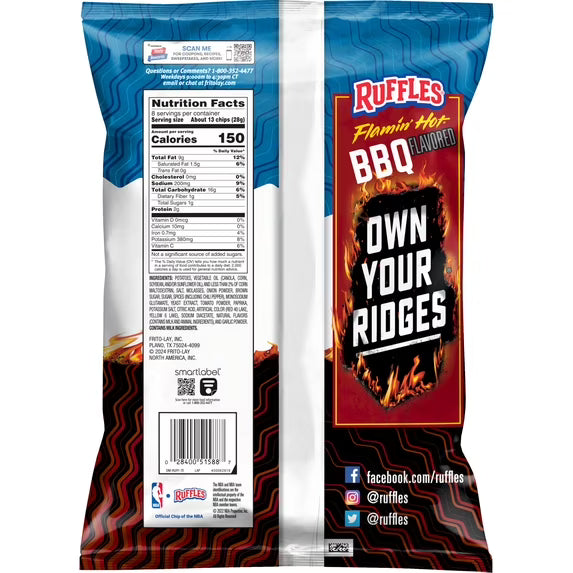Ruffles Flamin' Hot BBQ Flavored Potato Snack Chips, 8 Ounce Bag