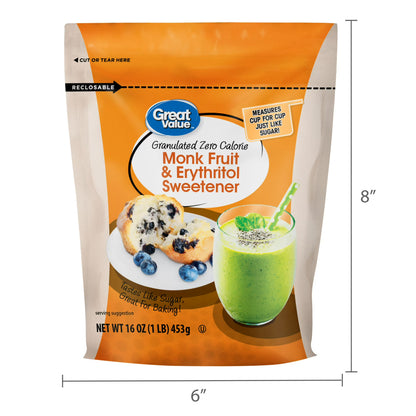 Great Value Monk Fruit & Erythritol Zero Calorie Sweetener, 16 oz