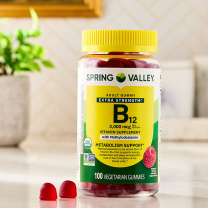 Spring Valley Extra Strength Vitamin B12 Supplement, Raspberry Flavor, 3000 mcg, 100 Count, Vegetarian Gummies for Metabolism Support