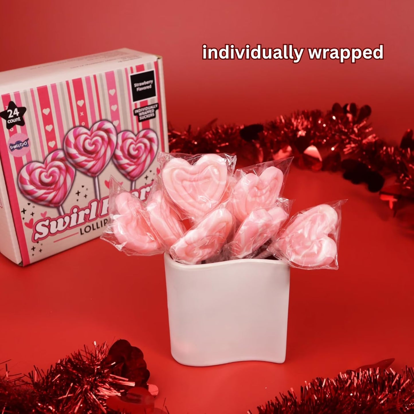 Swirl Heart Lollipops, Valentines Day Party Candy, 24 Count, 11.2 Ounce Box