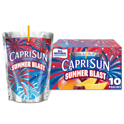 Capri Sun Summer Blast Passion Fruit Mango flavored Juice Drink Blend, from concentrate with other natural flavor, 10 Count Box, 6 fl oz Pouches