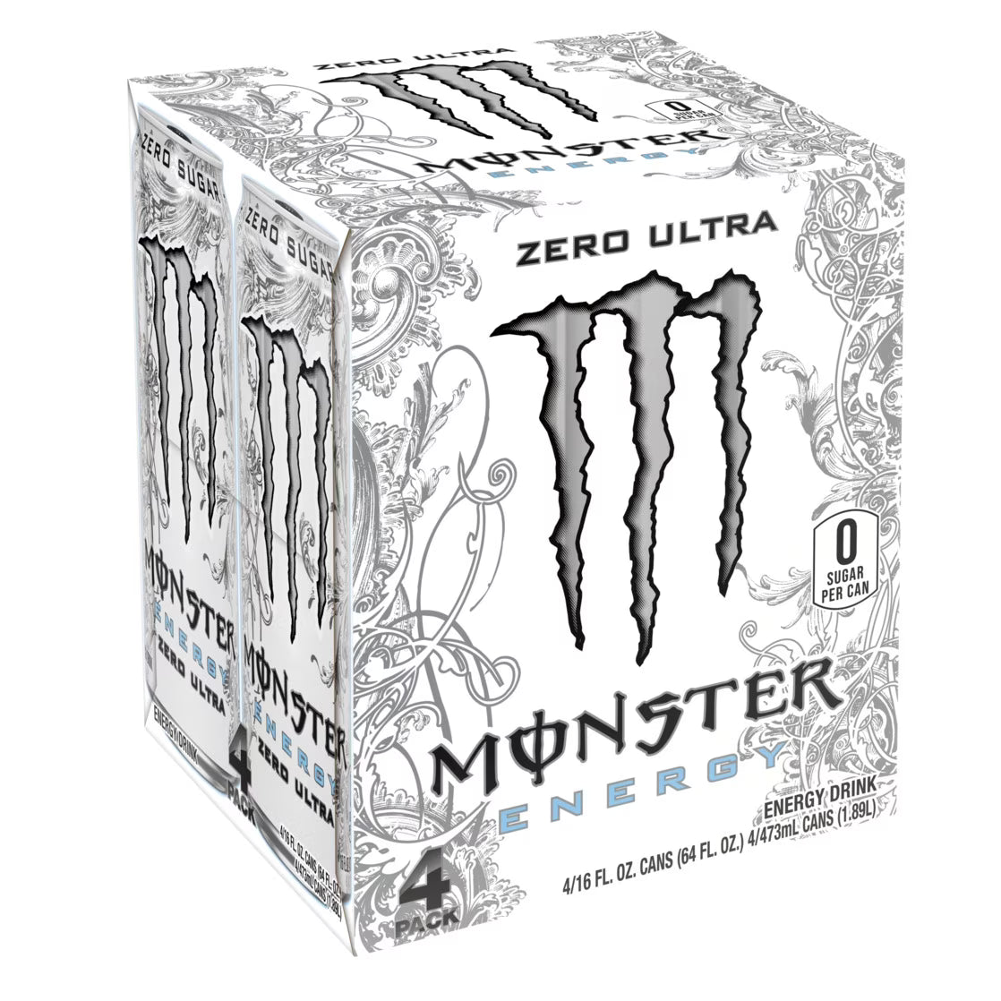 Monster Energy, Zero Ultra, Sugar Free Energy Drink, 4 Pack - 16 Fl Oz