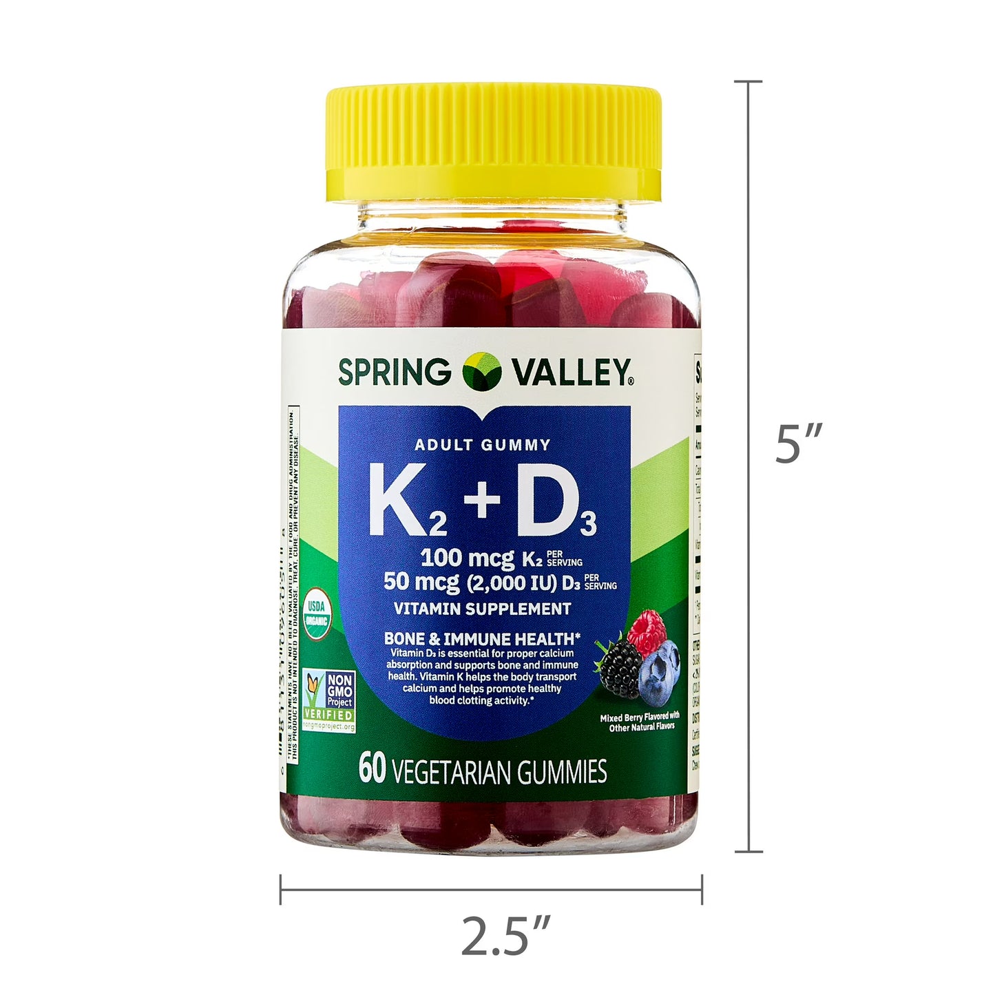 Spring Valley Vitamin K2 + Vitamin D3 Gummies, Mixed Berry, 60 Count, Supplement for Bone and Immune Health