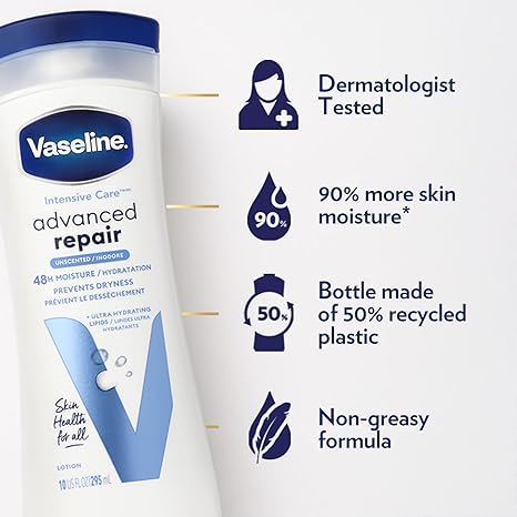 Vaseline Intensive Care Lotion, Unscented, Advanced Repair 2-Pack – Non-Greasy Moisturizer for Extremely Dry Skin, 10 Oz Ea
