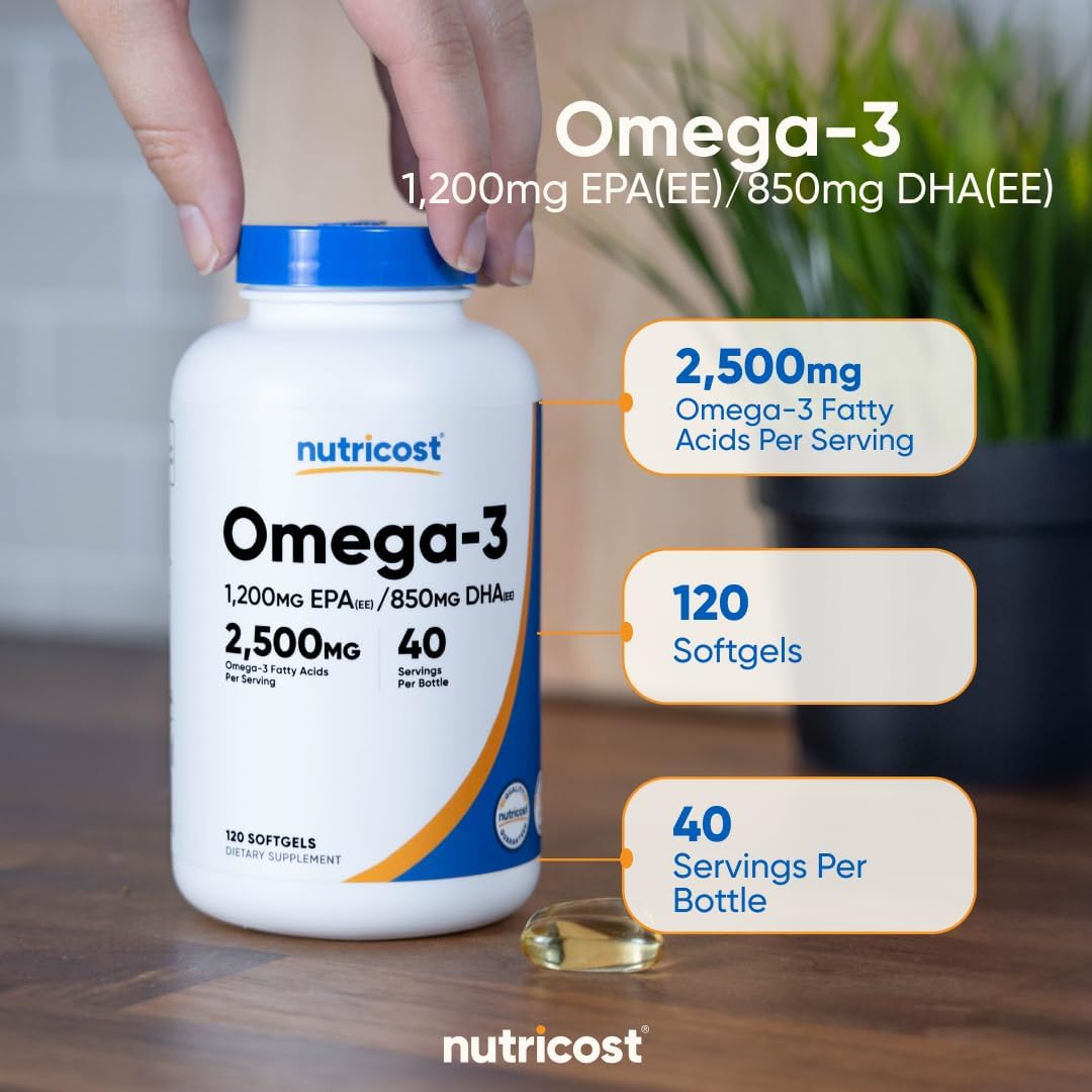 Nutricost Omega 3 Fish Oil - 2500MG, 120 Softgels (40 Serv) - Fish Oil, Wild Caught! 1200mg EPA 850mg DHA - Non-GMO, Gluten Free (Pack of 2)
