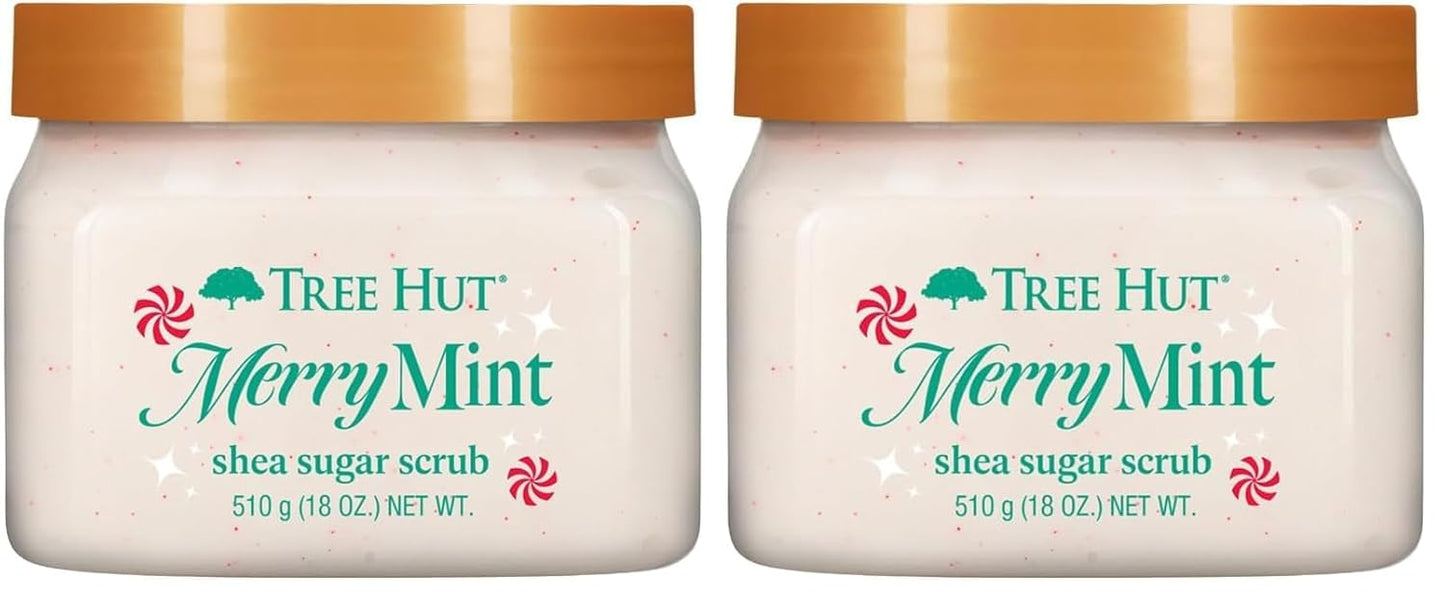 Tree Hut Merry Mint Shea Sugar Scrub, Exfoliating & Hydrating Body Scrub with Shea Butter & Essential Oils, Smooth Skin, For All Skin Types, Holiday Gift & Stocking Stuffer, Vegan, 18 oz (Pack of 2)
