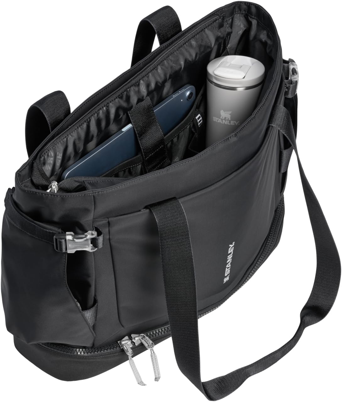 STANLEY Vitalize Tote| Gym, Work & Travel Bag with Laptop Sleeve | Expandable Bottom Compartment | Tumbler & Water Bottle Pockets | Durable Recycled Fabric | Black