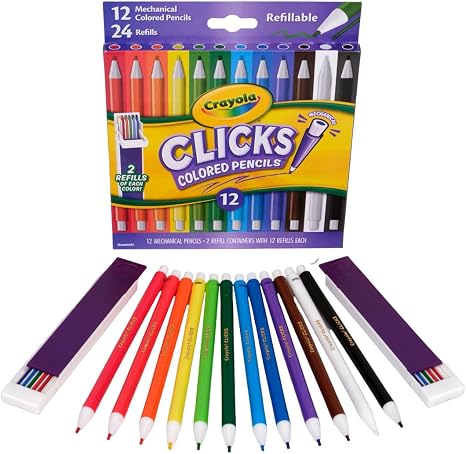 Crayola Clicks 2.0mm Mechanical Colored Pencil Set, 12 Assorted Colors, Coloring Pencils for Kids, No Sharpen, 24 Replacement Cores, Ages 5+